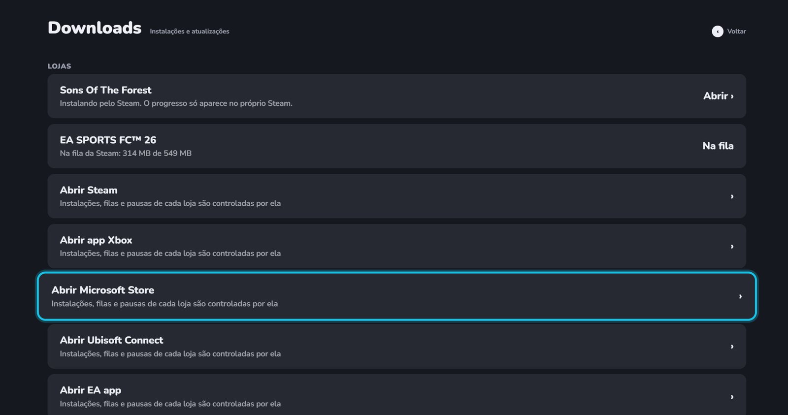 Central de Downloads com jogos instalando e atalhos para as lojas