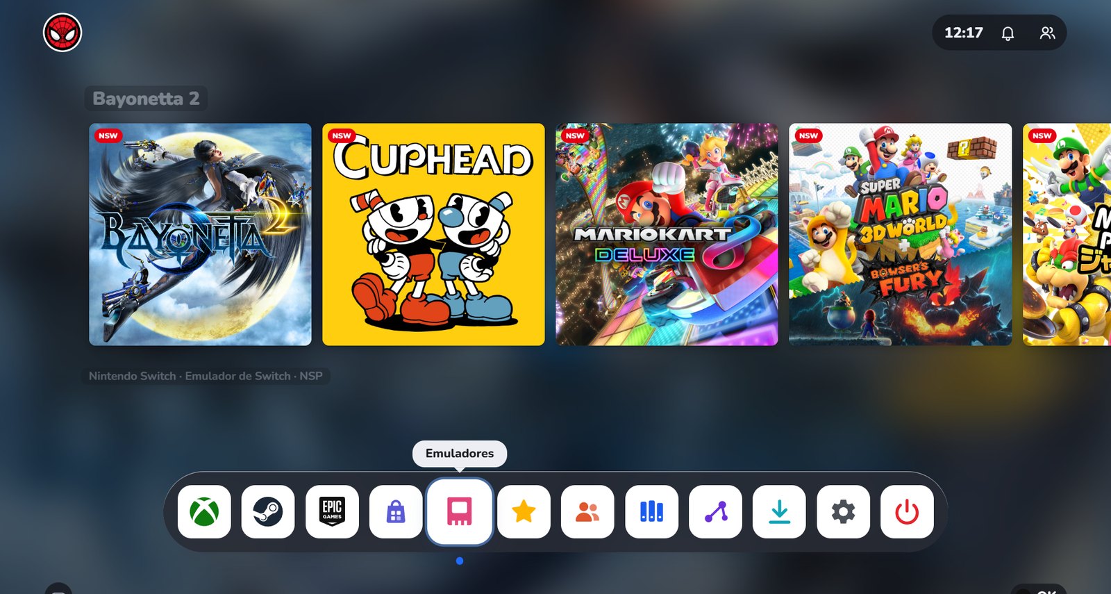 HOME do Nexus com jogos de emulador e a dock com o ícone de Emuladores em destaque