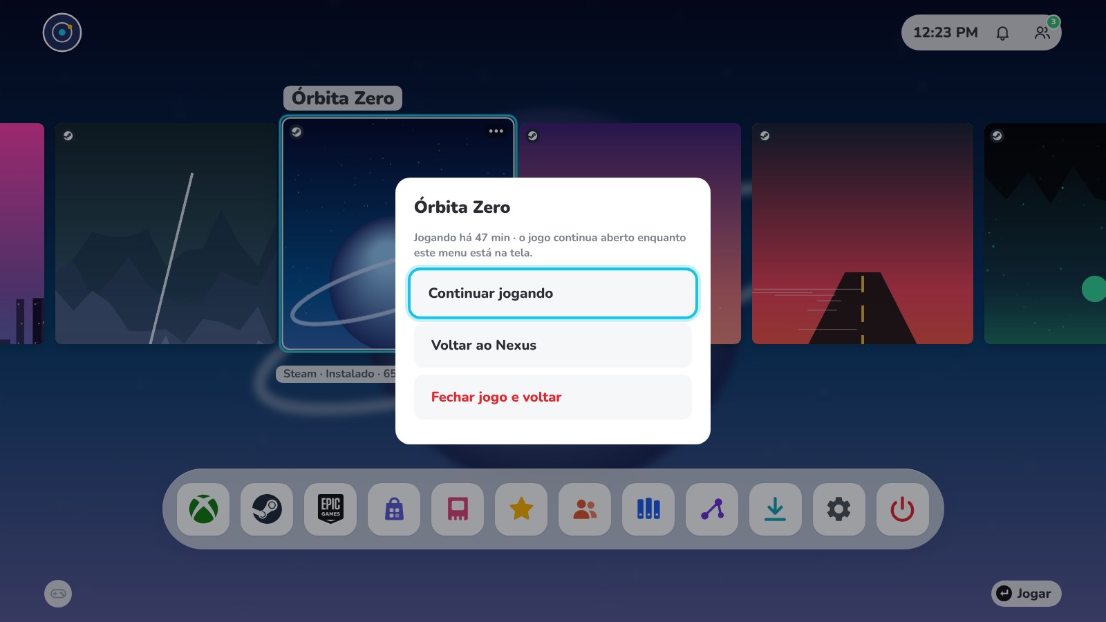 Quick Menu aberto sobre a HOME com continuar jogando, voltar ao Nexus e fechar jogo