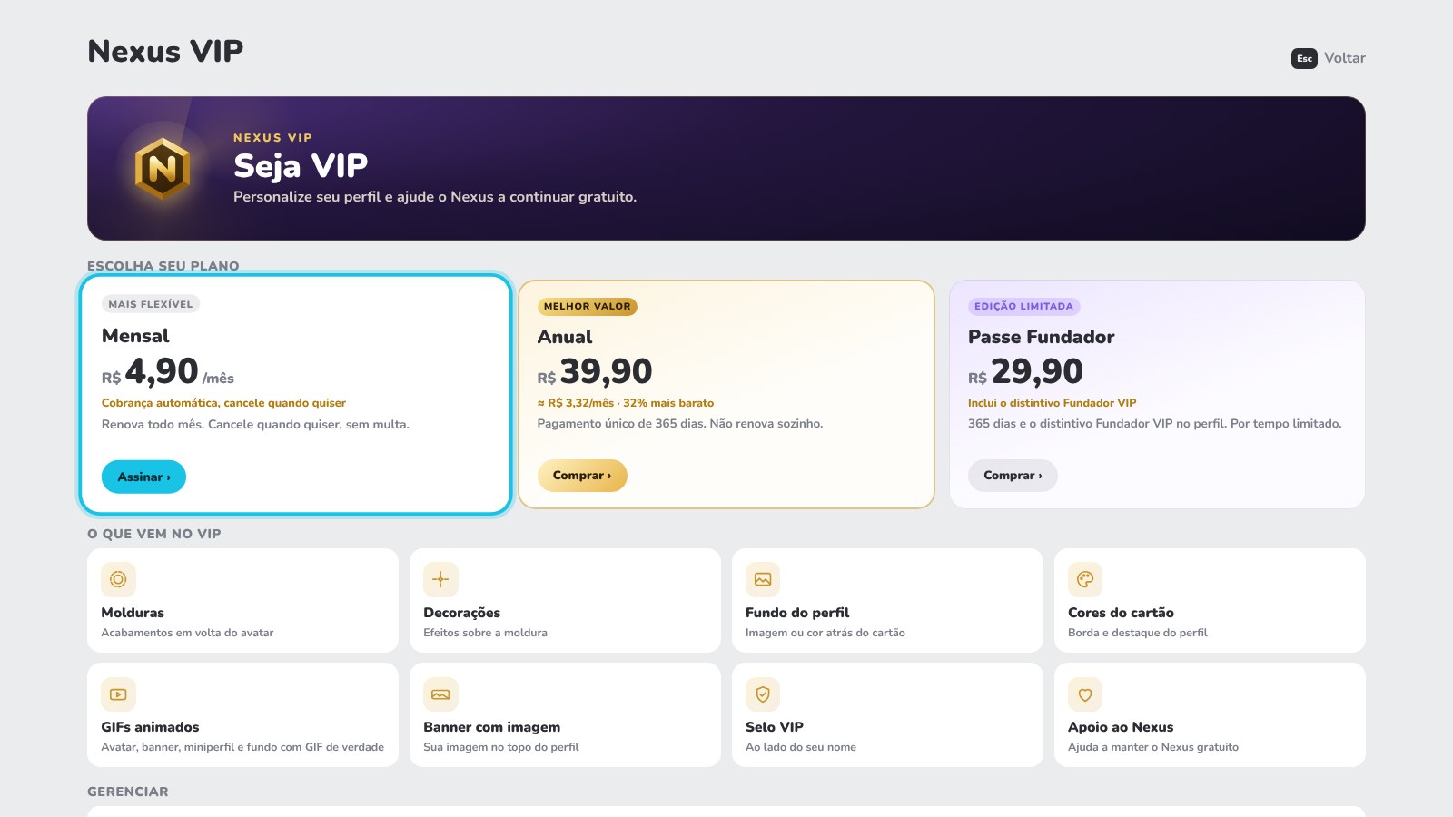 Tela do Nexus VIP com os planos e os benefícios